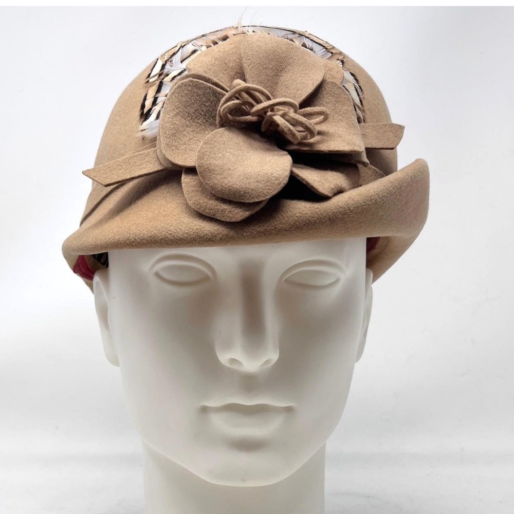 Adolfo II Vintage 60s70s Cloche Flower‎ Feather Tan Camel Wool Retro 20s Preppy